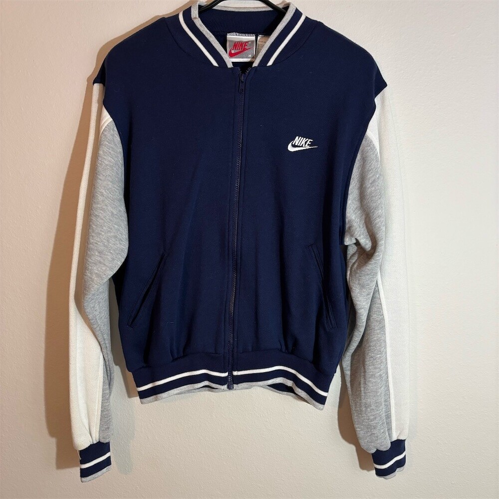 Rare Nike Varsity Bomber Jacket Men's M Navy Gray Full Zip Vintage Y2K